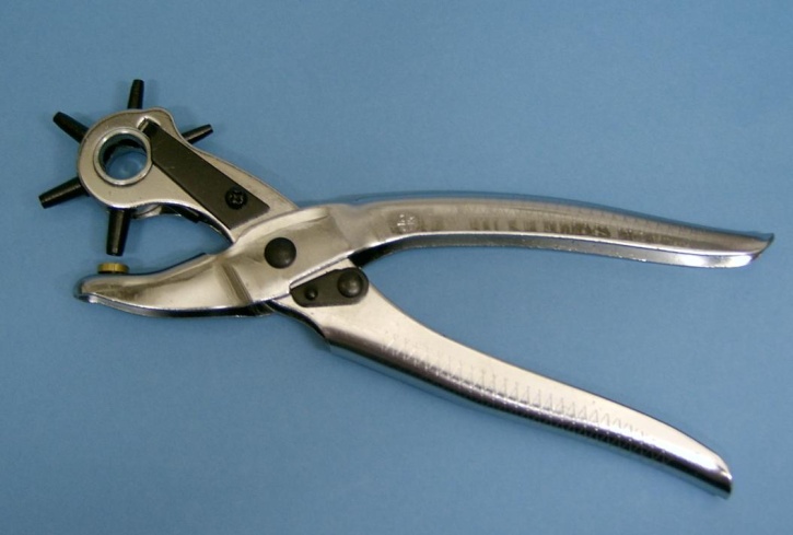 Revolverlochzange, mit 6 Lochpfeifen von 2 bis 4,5mm, 22cm lang,