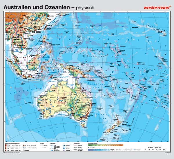 Wandkarte Australien u. Ozeanien, phys./pol., 158x145cm