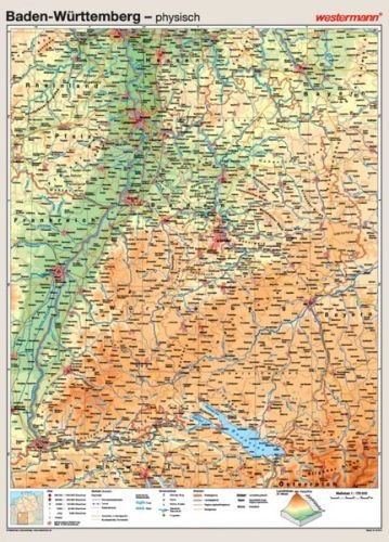 Wandkarte Baden-Württemberg, phys./pol. Mit Bestäbung