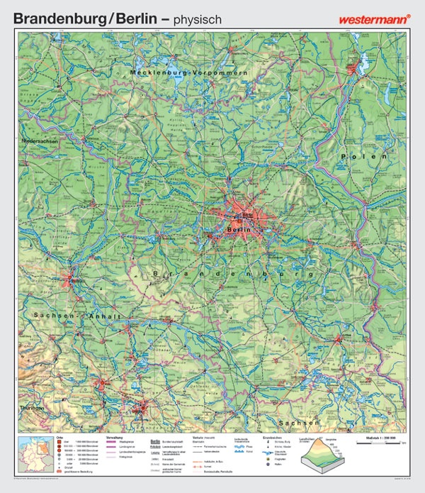 Wandkarte Brandenburg, physisch/politisch, 147x169 cm