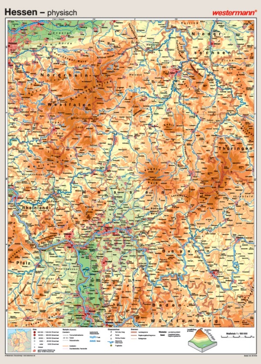 Wandkarte Hessen, physisch/politisch, 147x202 cm