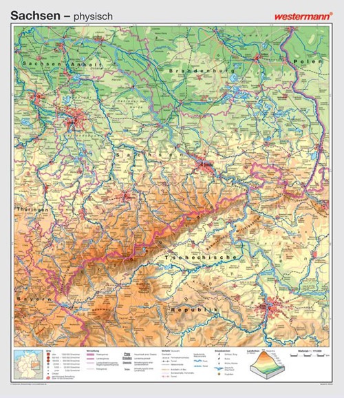 Wandkarte Sachsen, physisch/politisch, 147x169 cm