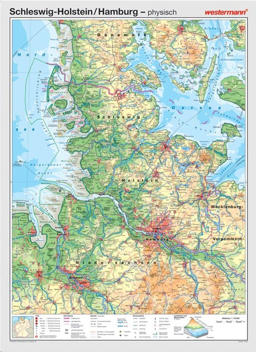 Wandkarte Schleswig-Holstein, Hamburg, physisch/politisch, 147x202 cm