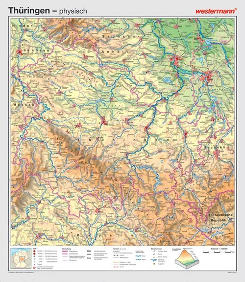 Wandkarte Thüringen, physisch/politisch, 147x171 cm