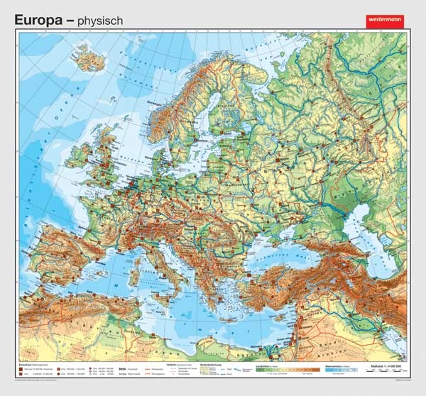 Wandkarte Europa, physisch / politisch, 155x144 cm
