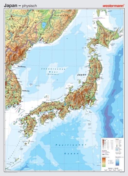 Wandkarte Japan, physisch/politisch, 147 x 202cm