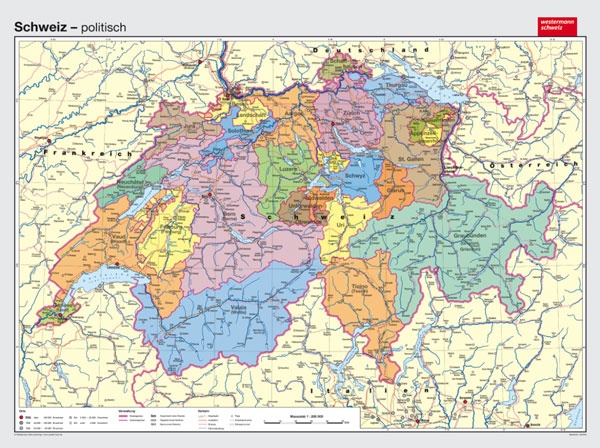 Wandkarte Schweiz, politisch, 193x144cm, mit Bestäbung, Leinenaufzug