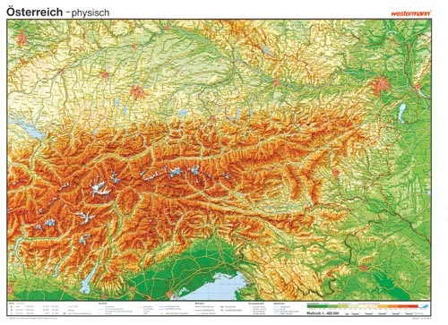 Wandkarte Österreich, physisch, 202x147 cm, mit Bestäbung