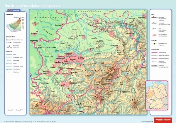 Posterkarte Nordrhein-Westfalen, physisch/politisch, 100x70 cm