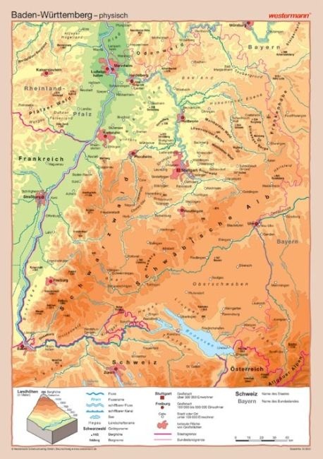 Posterkarte Baden-Württemberg, physisch/politisch, 100x70 cm