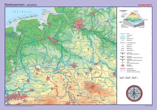 Posterkarte Niedersachsen, physisch/politisch, 100x70 cm