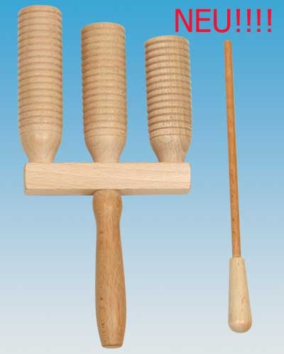 Guiro dreifach, aus Buche natur, gerillt, mit Scraper