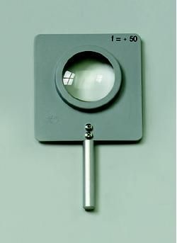 Sammellinse in Fassung mit Stab, bikonvex, Brennweite f=+50 mm