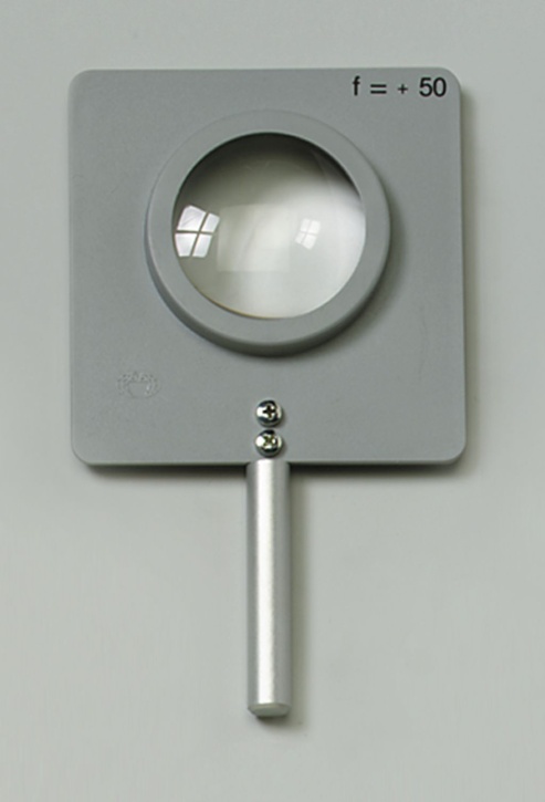 Linse, gefasst, bikonvex, f=+100mm, mit kurzem Stab