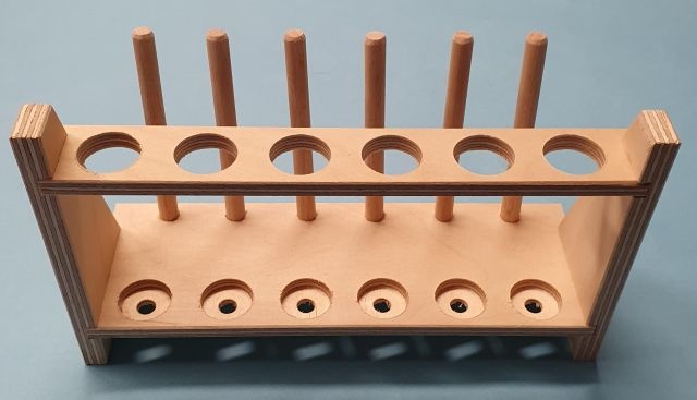 Reagenzglasgestell, Holz, 6 Gläser, bis 18 mm Ø