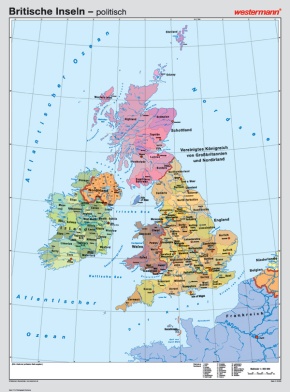 Wandkarte Britische Inseln, phys./pol., 147x205 cm, mit Bestäbung