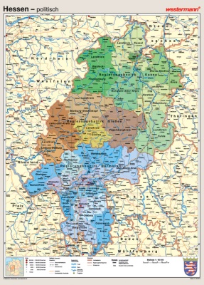 Wandkarte Hessen, physisch/politisch, 147x202 cm