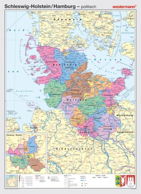 Wandkarte Schleswig-Holstein, Hamburg, physisch/politisch, 147x202 cm