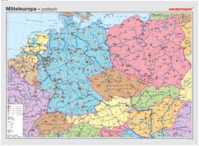 Wandkarte Mitteleuropa, phys./pol., 202x147 cm, mit Bestäbung
